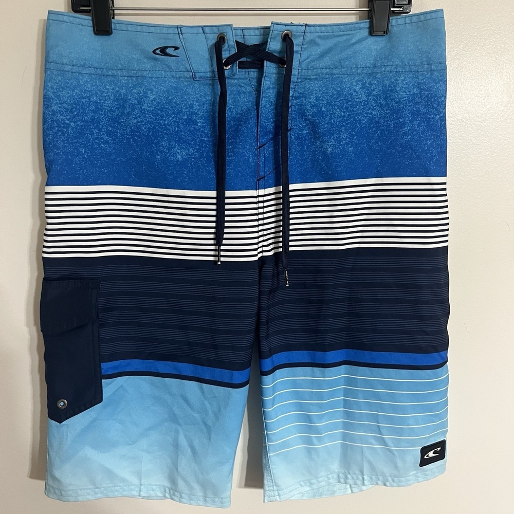 ONeill Mens Blue Striped‎ Ombre Board Shorts Cargo Pocket Swim Trunks Size 30